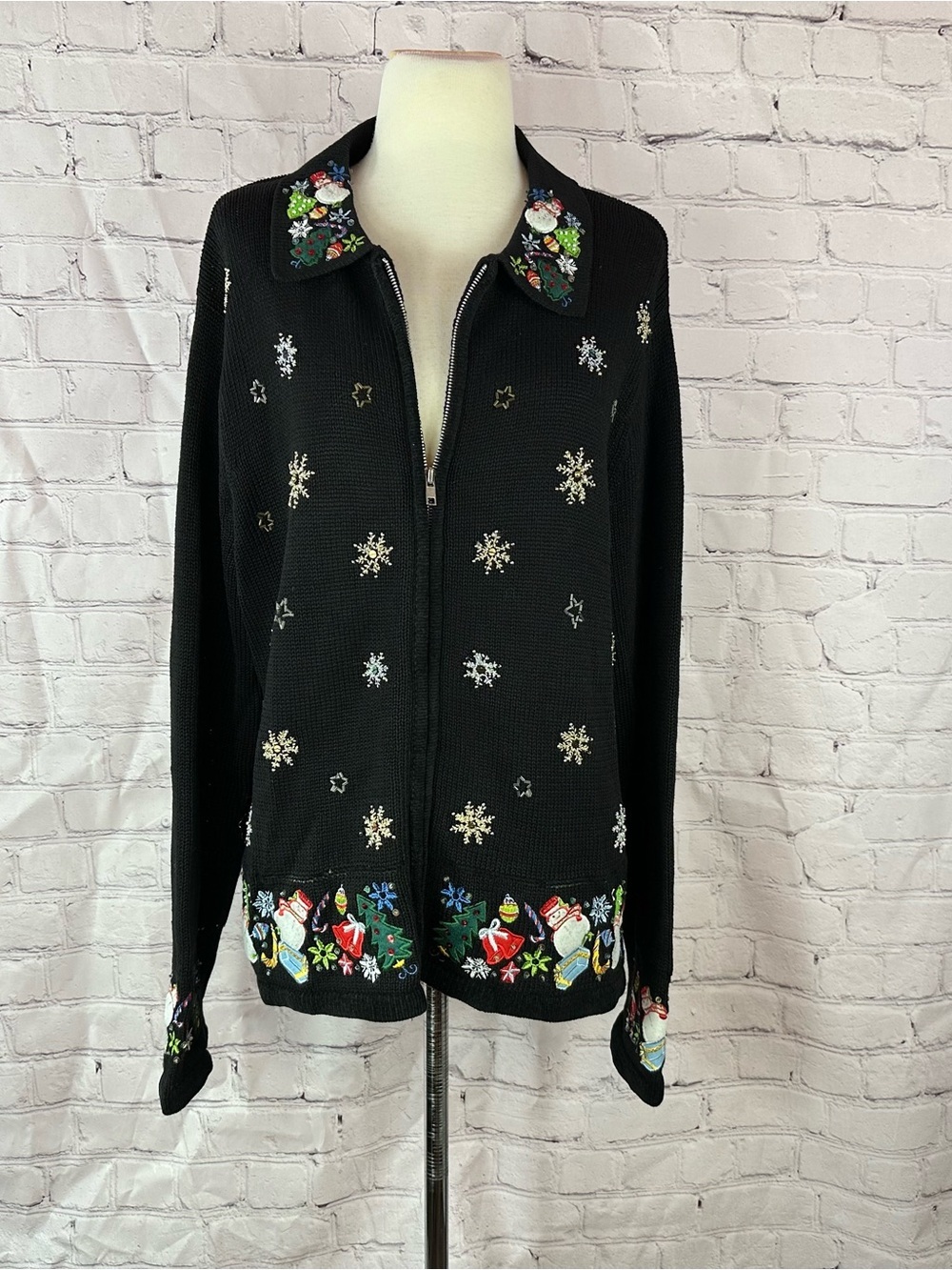 vtg 90s White Stag Black Embellished Holiday Zip-Up Cardigan sweater women XL